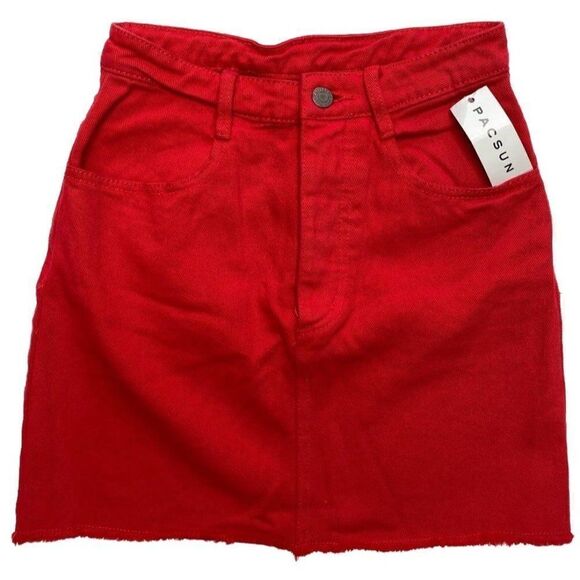 J Galt PacSun Red Buttonfly Cotton‎ Mini Denin Skirt Sz XS NEW - Picture 1 of 8